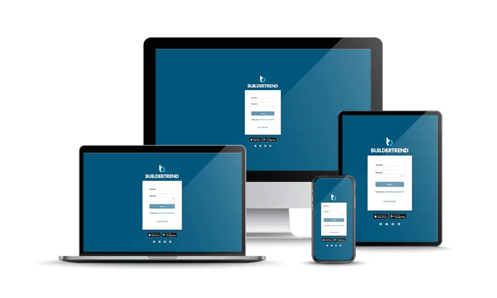 A laptop, desktop, tablet, and smartphone display a login screen with a blue background. The devices showcase a consistent user interface across different platforms.